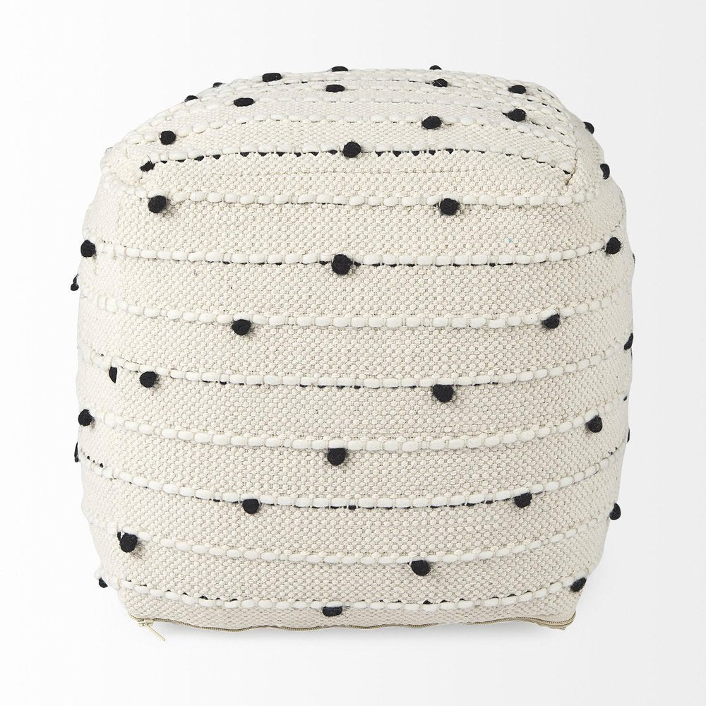 16" Black Cream and White Cotton and Wool Polka Dots Pouf Ottoman