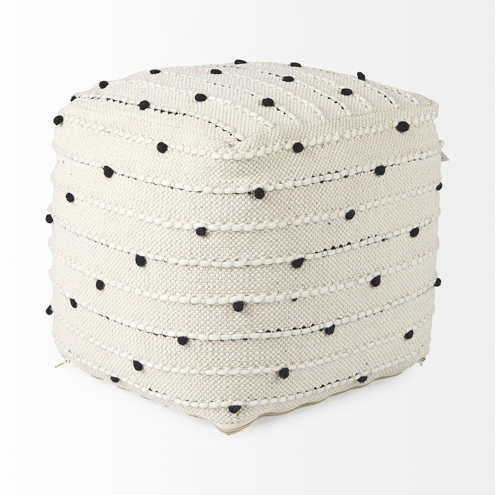 16" Black Cream and White Cotton and Wool Polka Dots Pouf Ottoman