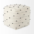16" Black Cream and White Cotton and Wool Polka Dots Pouf Ottoman