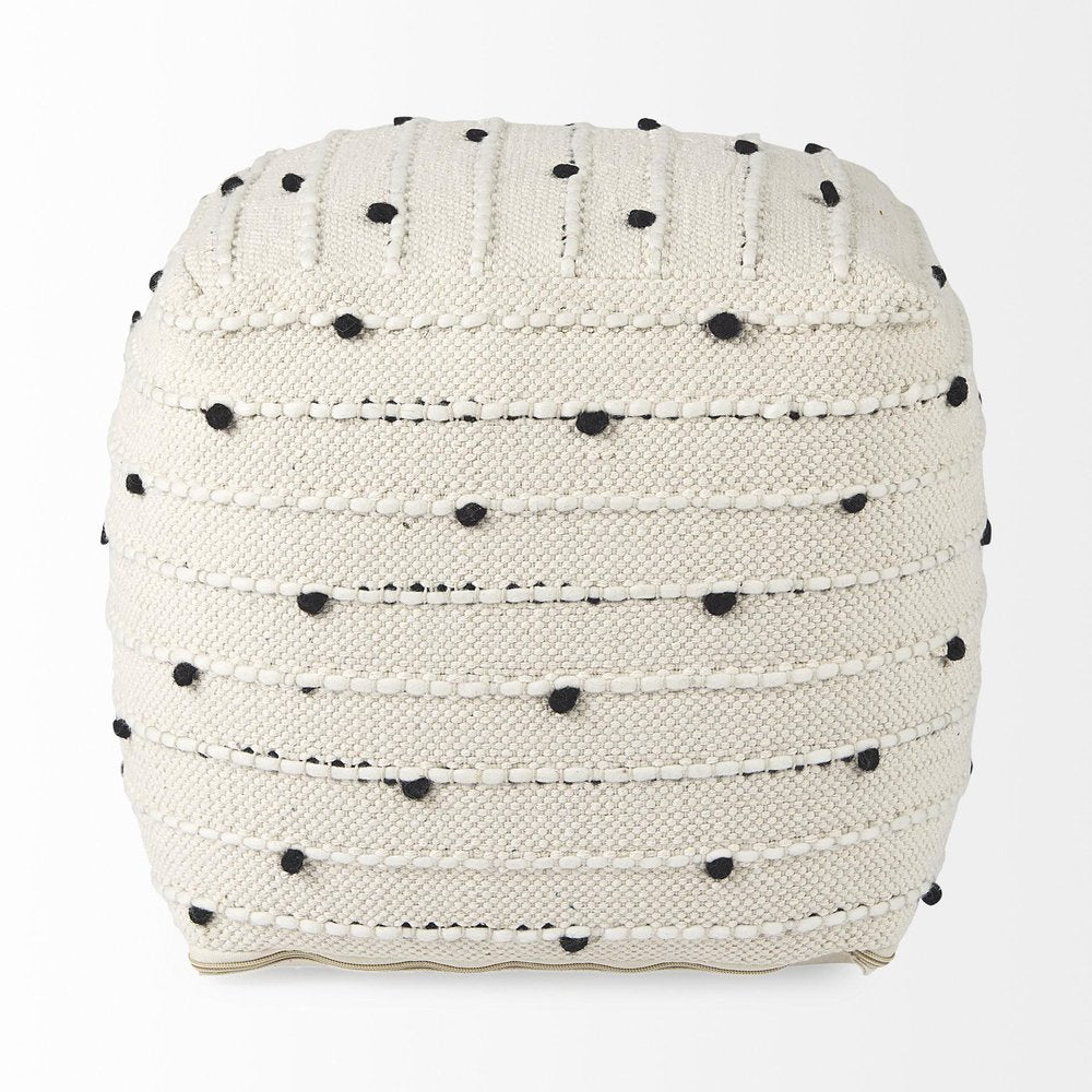 16" Black Cream and White Cotton and Wool Polka Dots Pouf Ottoman