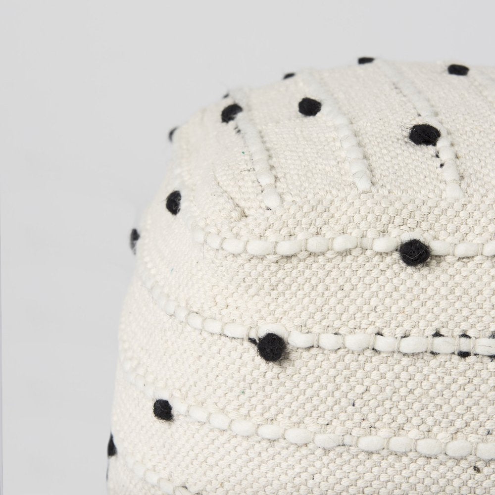 16" Black Cream and White Cotton and Wool Polka Dots Pouf Ottoman