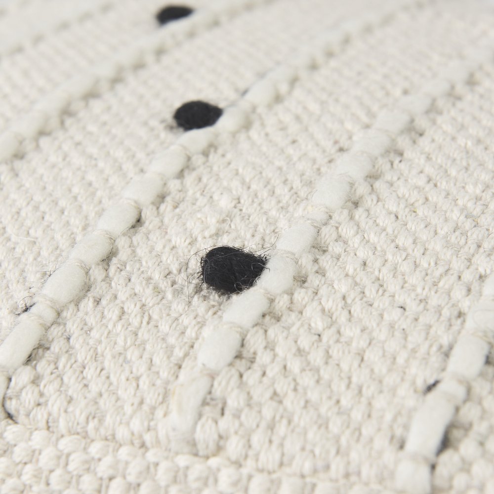 16" Black Cream and White Cotton and Wool Polka Dots Pouf Ottoman