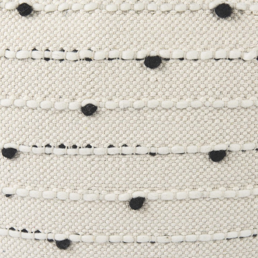 16" Black Cream and White Cotton and Wool Polka Dots Pouf Ottoman