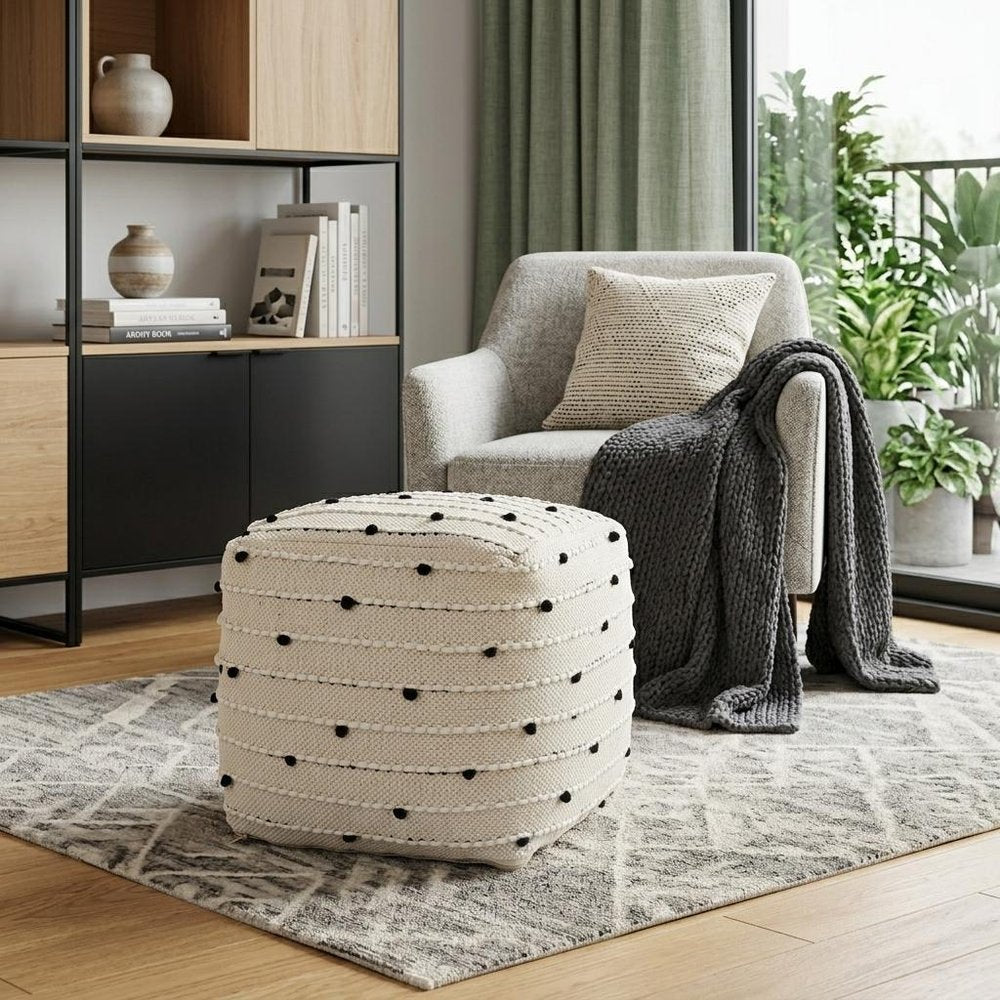 16" Black Cream and White Cotton and Wool Polka Dots Pouf Ottoman