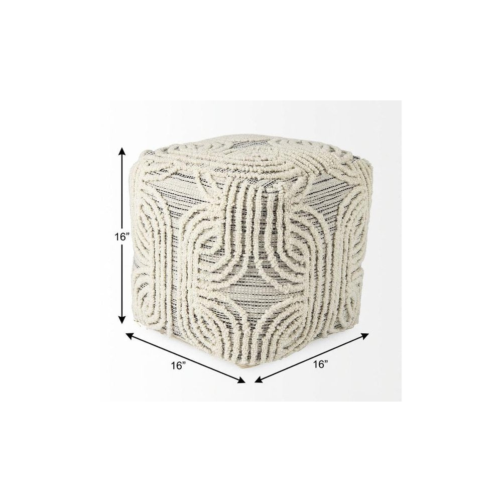 16" Beige Cream and Gray Cotton and Wool Geometric Cube Pouf Ottoman