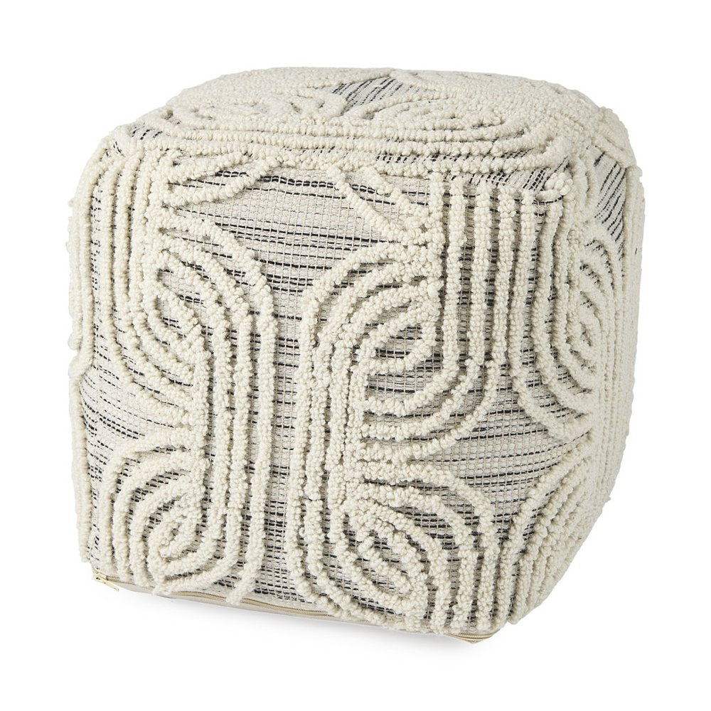 16" Beige Cream and Gray Cotton and Wool Geometric Cube Pouf Ottoman