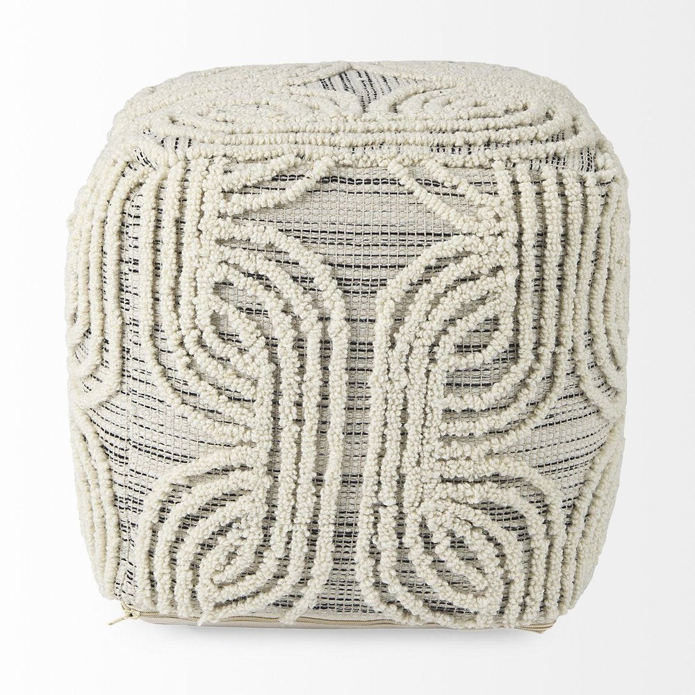 16" Beige Cream and Gray Cotton and Wool Geometric Cube Pouf Ottoman