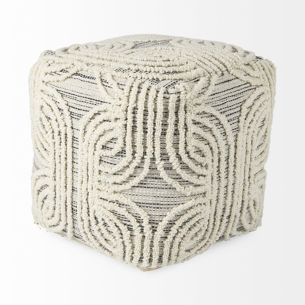 16" Beige Cream and Gray Cotton and Wool Geometric Cube Pouf Ottoman