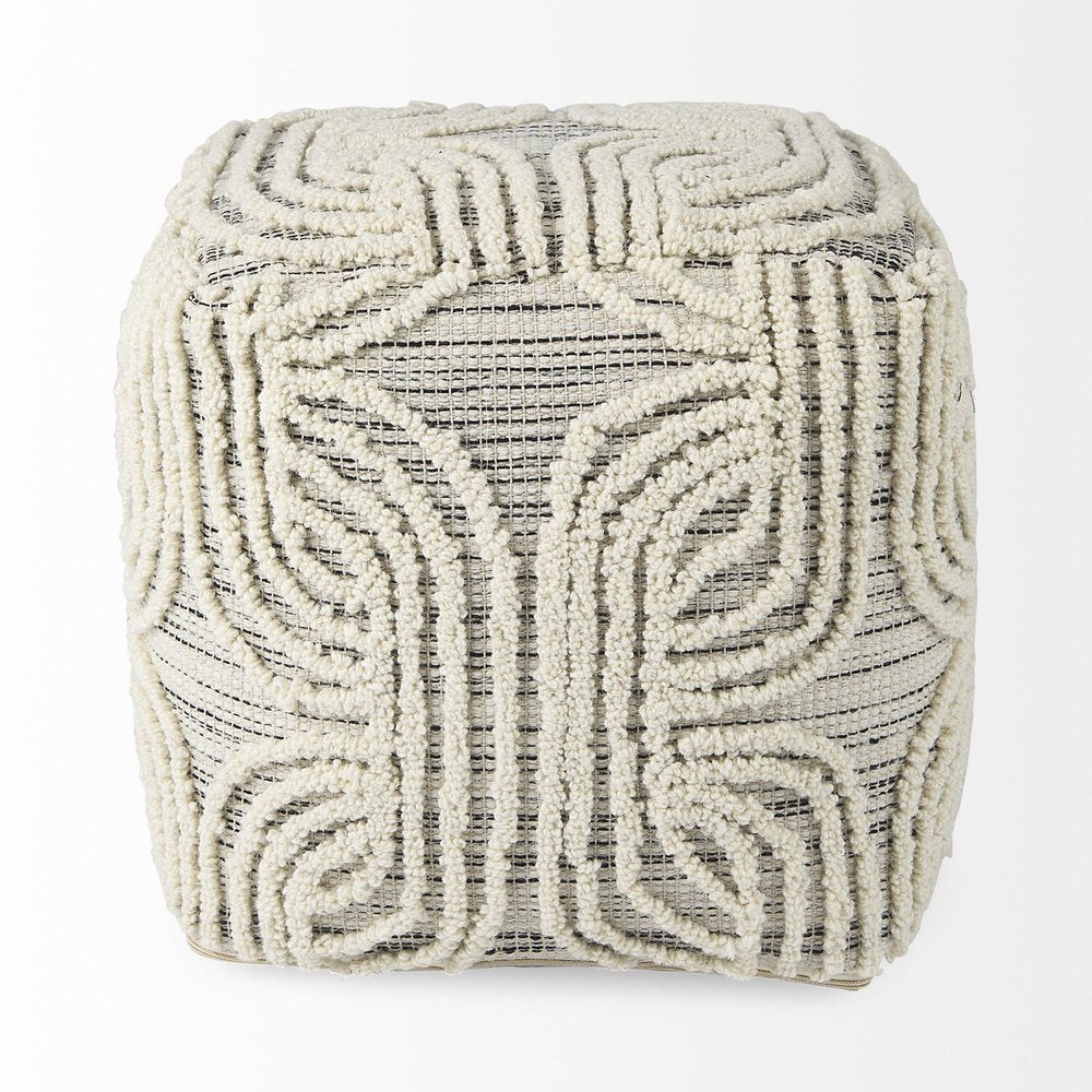 16" Beige Cream and Gray Cotton and Wool Geometric Cube Pouf Ottoman