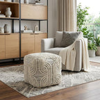 16" Beige Cream and Gray Cotton and Wool Geometric Cube Pouf Ottoman