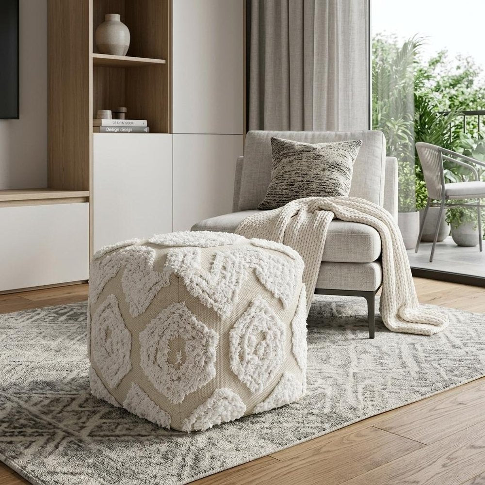 16" Beige and Cream Cotton Geometric Cube Pouf Ottoman