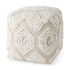 16" Beige and Cream Cotton Geometric Cube Pouf Ottoman