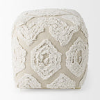 16" Beige and Cream Cotton Geometric Cube Pouf Ottoman
