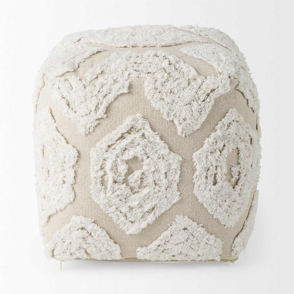 16" Beige and Cream Cotton Geometric Cube Pouf Ottoman