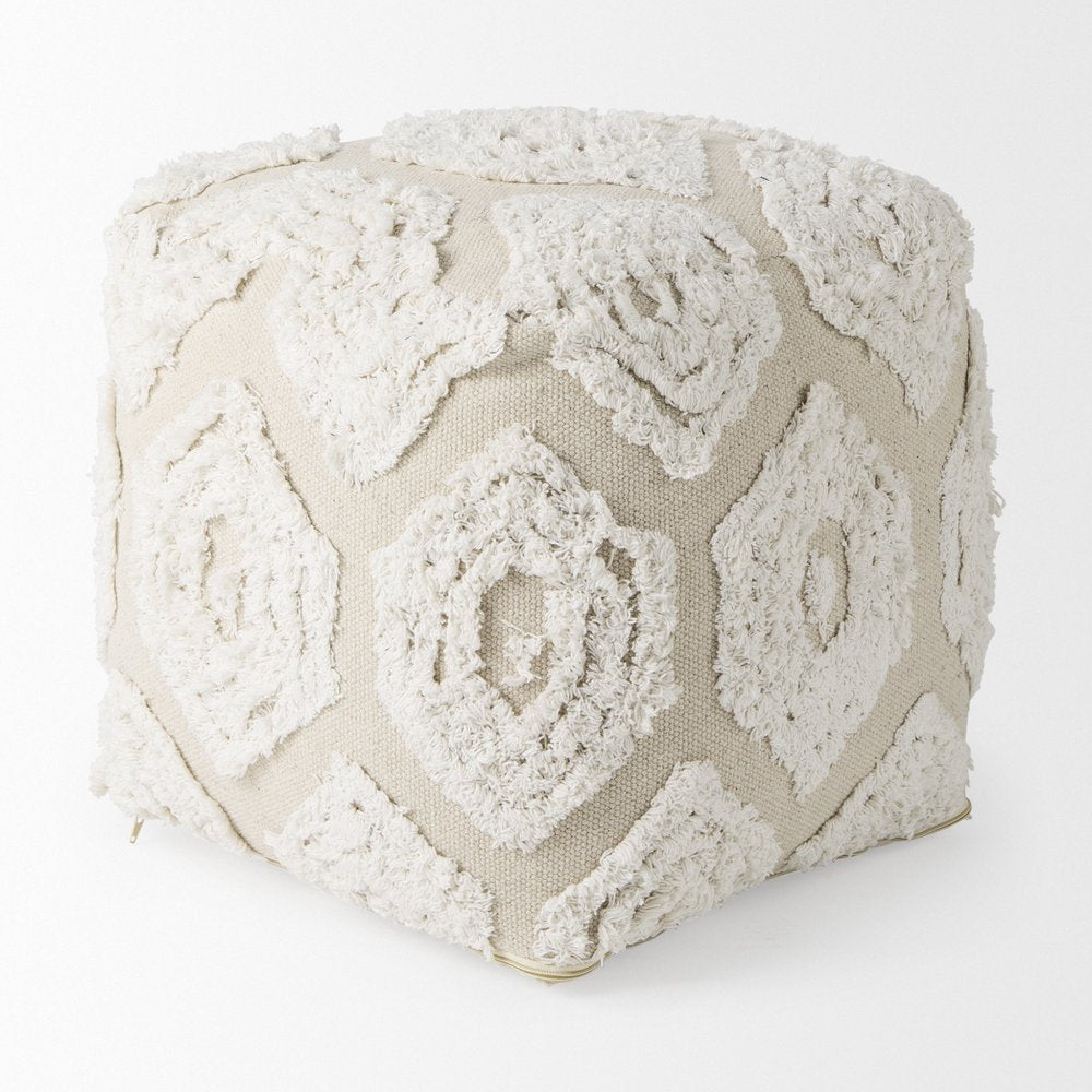 16" Beige and Cream Cotton Geometric Cube Pouf Ottoman
