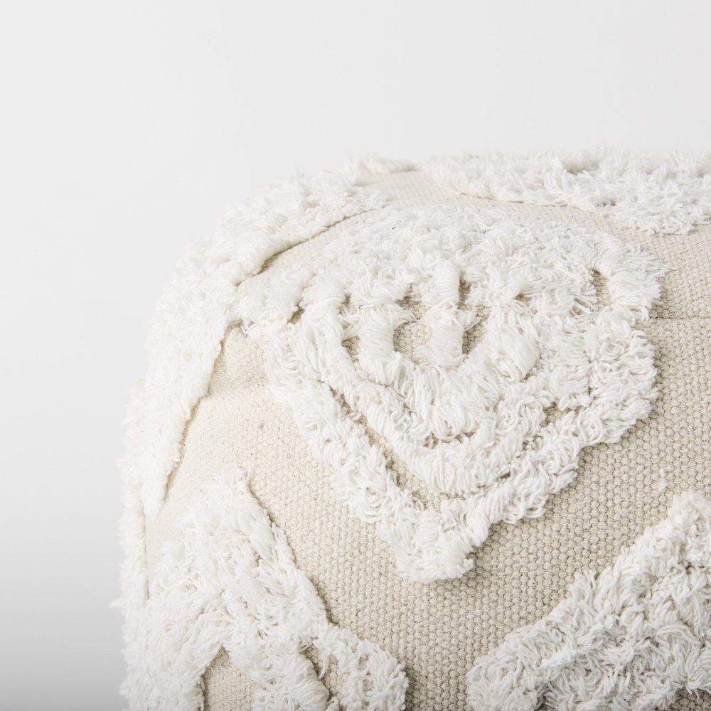 16" Beige and Cream Cotton Geometric Cube Pouf Ottoman