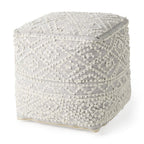 16" Cream and Gray Upholstery and Wool Geometric Pouf Ottoman
