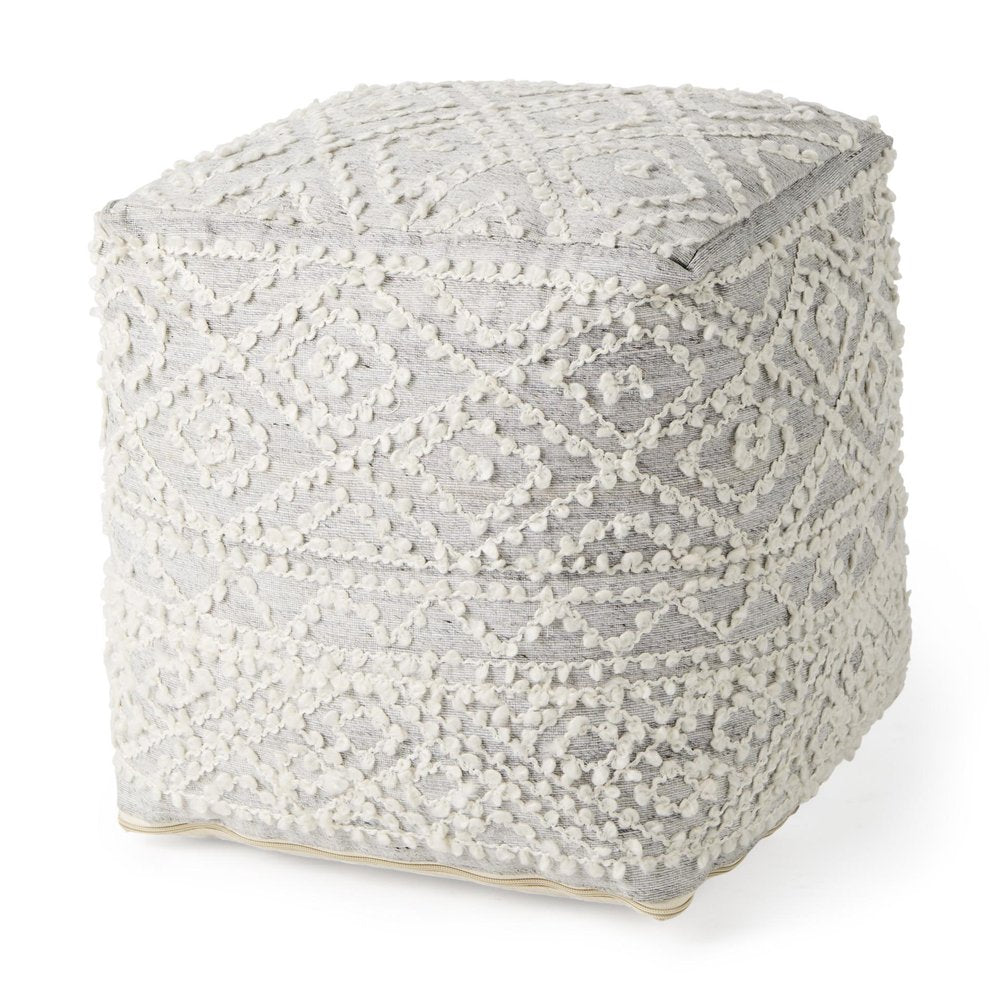 16" Cream and Gray Upholstery and Wool Geometric Pouf Ottoman