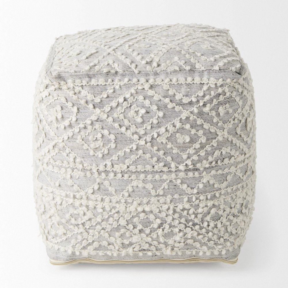 16" Cream and Gray Upholstery and Wool Geometric Pouf Ottoman