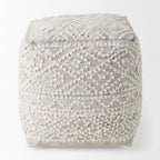 16" Cream and Gray Upholstery and Wool Geometric Pouf Ottoman