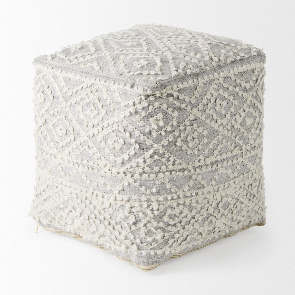 16" Cream and Gray Upholstery and Wool Geometric Pouf Ottoman