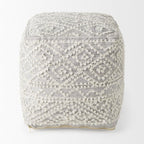 16" Cream and Gray Upholstery and Wool Geometric Pouf Ottoman