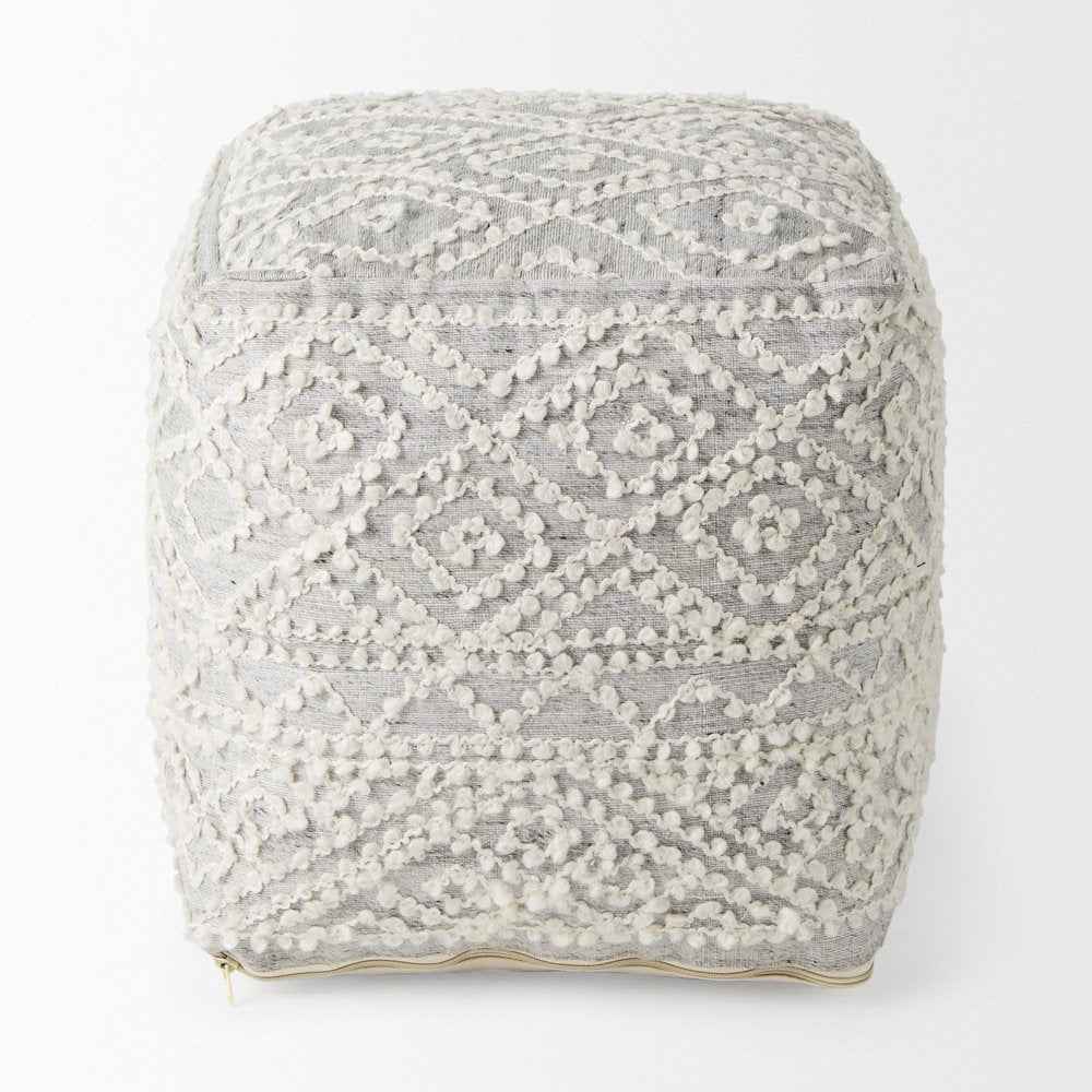 16" Cream and Gray Upholstery and Wool Geometric Pouf Ottoman