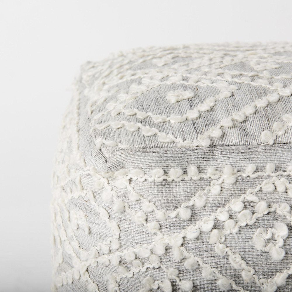 16" Cream and Gray Upholstery and Wool Geometric Pouf Ottoman