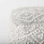16" Cream and Gray Upholstery and Wool Geometric Pouf Ottoman