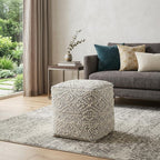 16" Cream and Gray Upholstery and Wool Geometric Pouf Ottoman