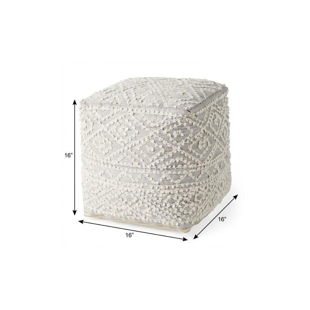 16" Cream and Gray Upholstery and Wool Geometric Pouf Ottoman