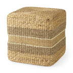 18" Brown and Gray Fabric Striped Round Pouf Ottoman