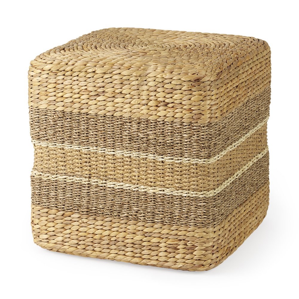 18" Brown and Gray Fabric Striped Round Pouf Ottoman
