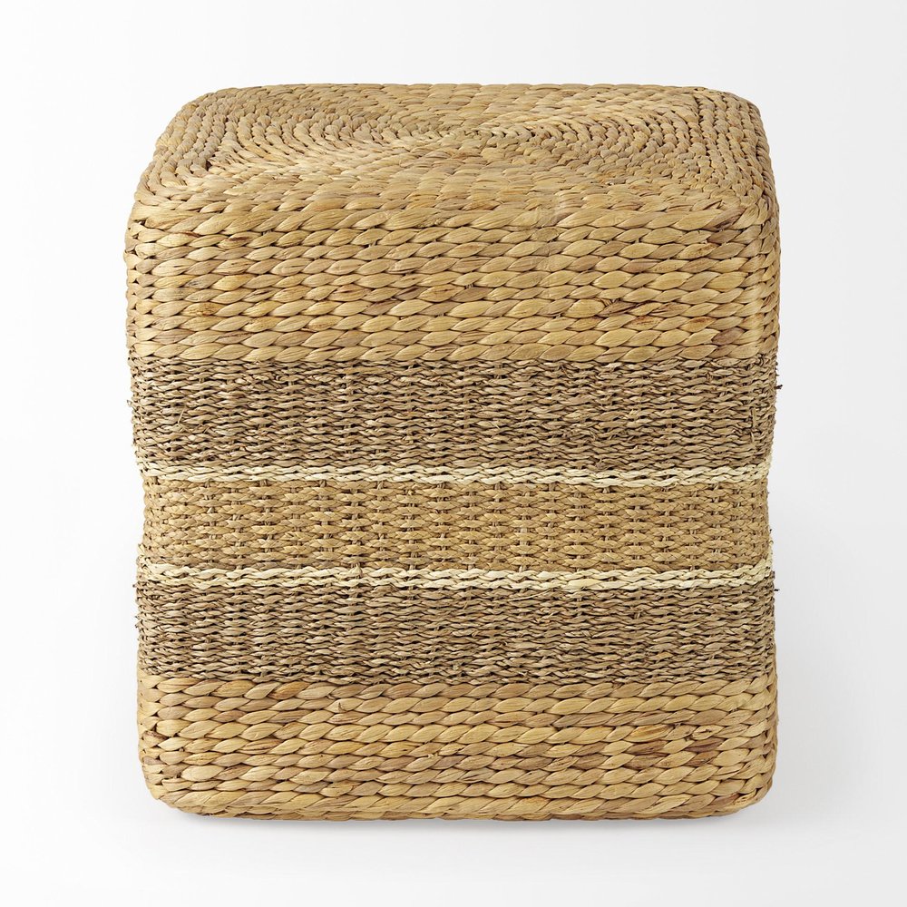 18" Brown and Gray Fabric Striped Round Pouf Ottoman