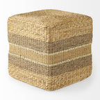 18" Brown and Gray Fabric Striped Round Pouf Ottoman