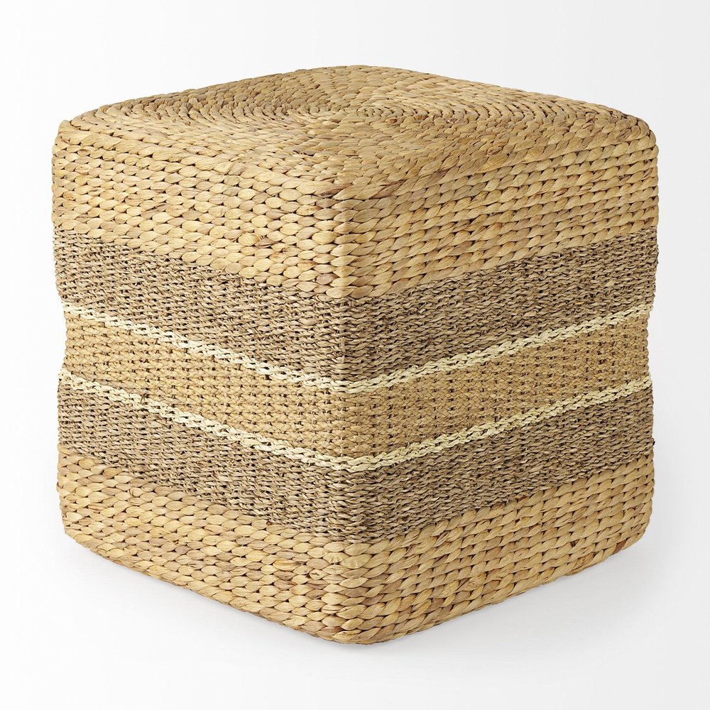 18" Brown and Gray Fabric Striped Round Pouf Ottoman