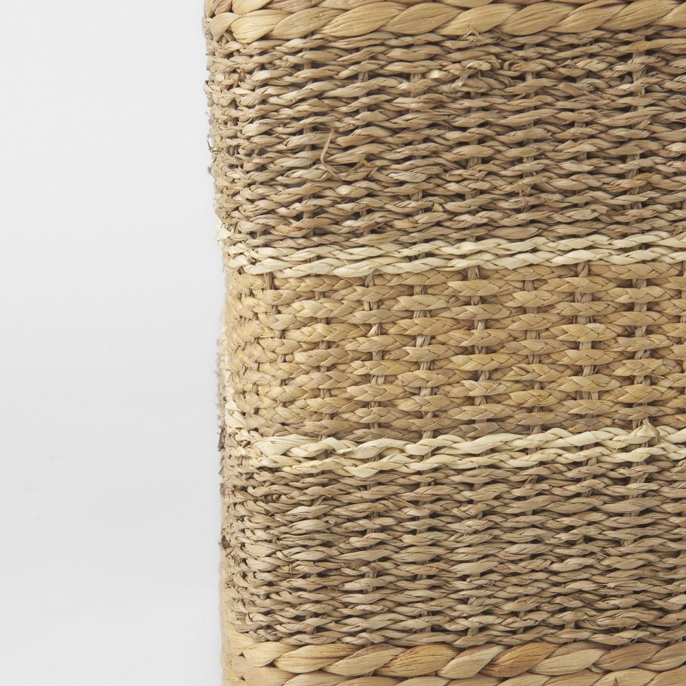 18" Brown and Gray Fabric Striped Round Pouf Ottoman