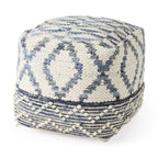 16" Cream and Gray Cotton Denim and Wool Geometric Round Pouf Ottoman