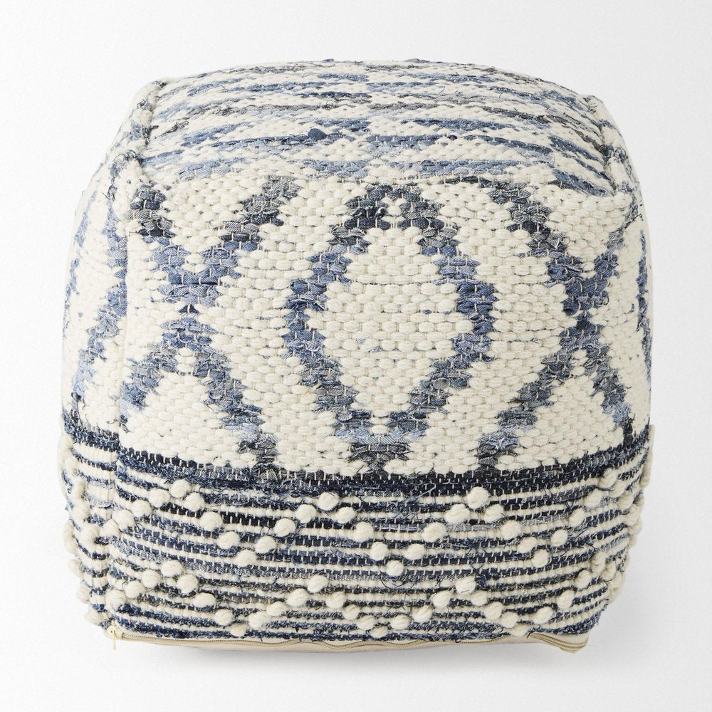 16" Cream and Gray Cotton Denim and Wool Geometric Round Pouf Ottoman