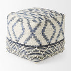 16" Cream and Gray Cotton Denim and Wool Geometric Round Pouf Ottoman