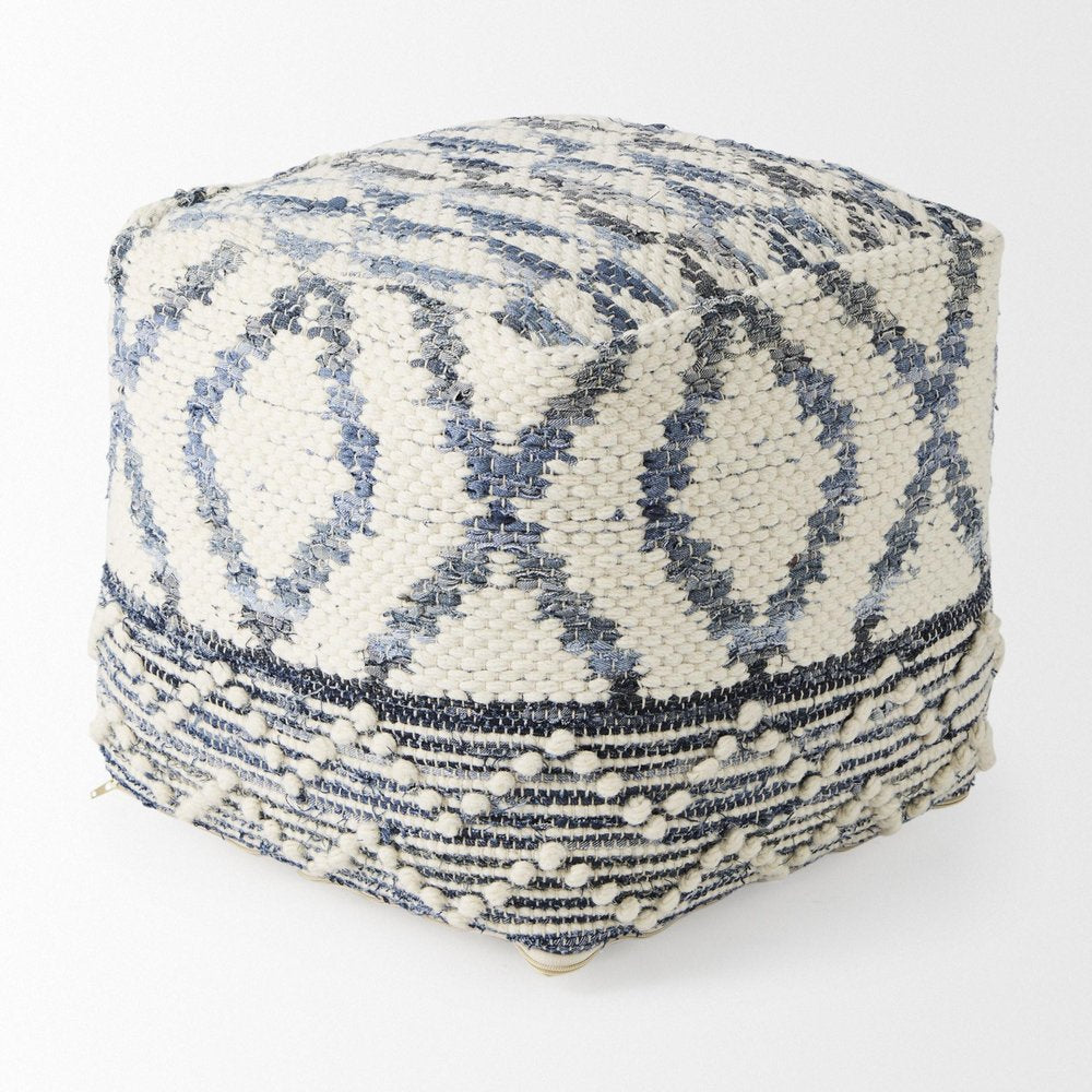 16" Cream and Gray Cotton Denim and Wool Geometric Round Pouf Ottoman