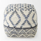 16" Cream and Gray Cotton Denim and Wool Geometric Round Pouf Ottoman
