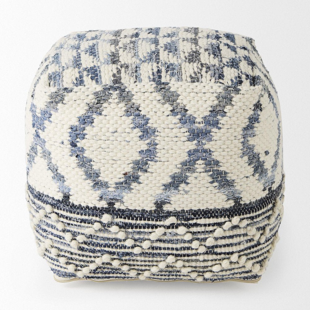 16" Cream and Gray Cotton Denim and Wool Geometric Round Pouf Ottoman