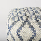 16" Cream and Gray Cotton Denim and Wool Geometric Round Pouf Ottoman