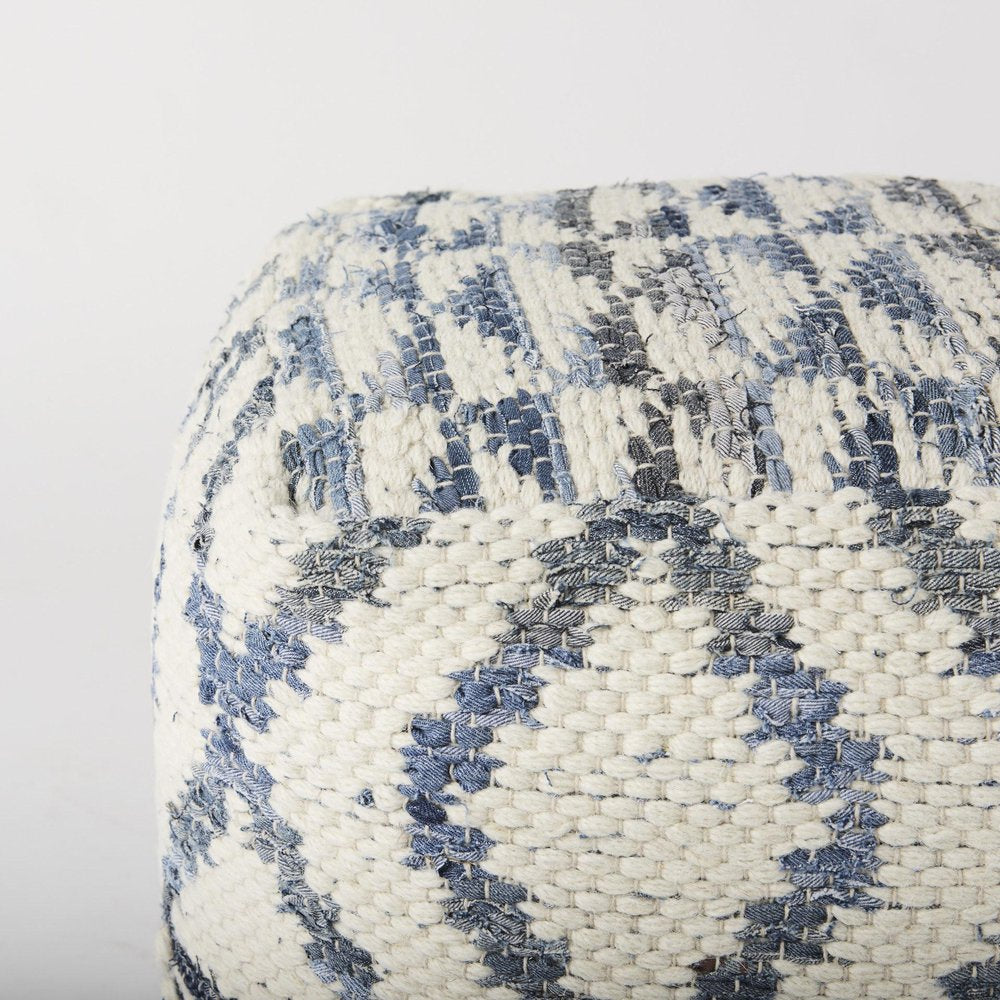 16" Cream and Gray Cotton Denim and Wool Geometric Round Pouf Ottoman
