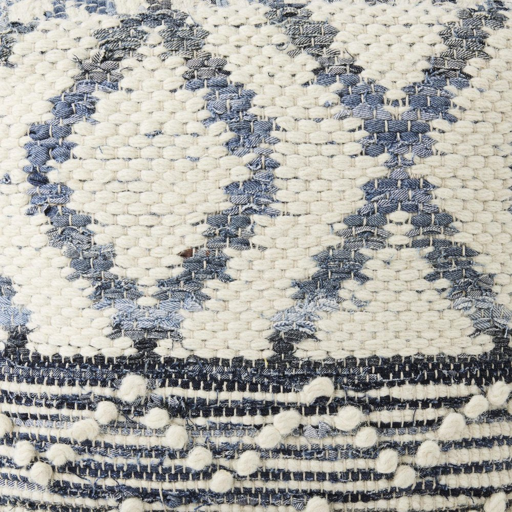 16" Cream and Gray Cotton Denim and Wool Geometric Round Pouf Ottoman