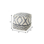 16" Cream and Gray Cotton Denim and Wool Geometric Round Pouf Ottoman