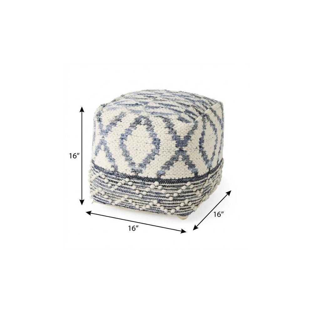 16" Cream and Gray Cotton Denim and Wool Geometric Round Pouf Ottoman