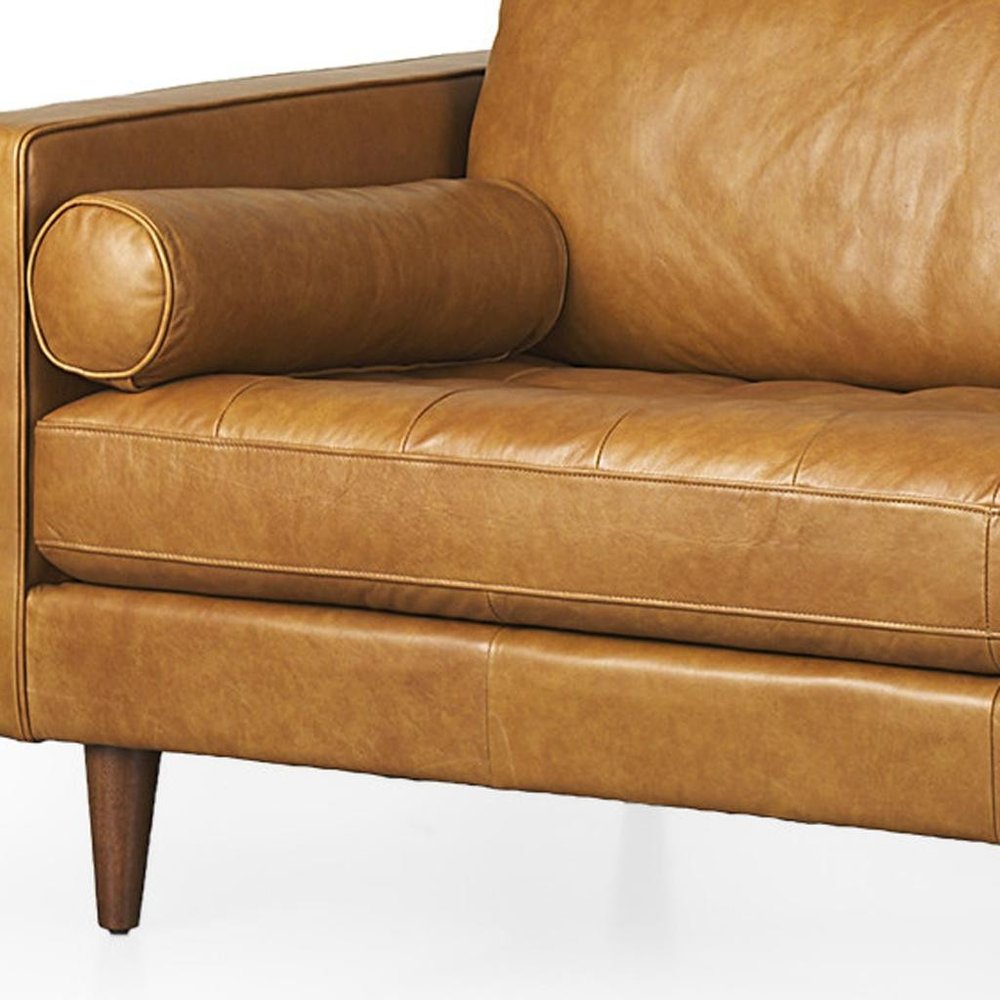 88" Tan Leather Sofa With Toss Pillows