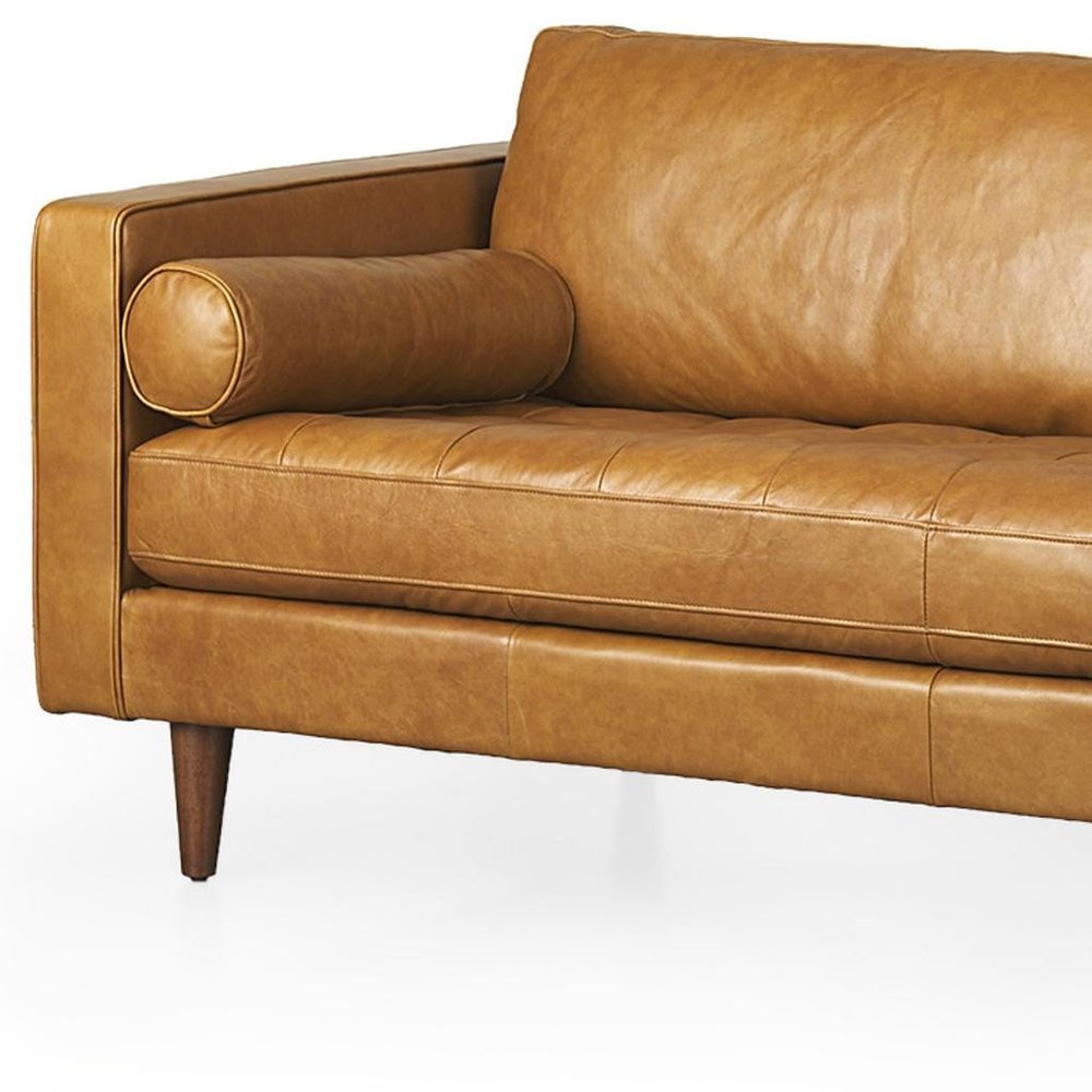 88" Tan Leather Sofa With Toss Pillows